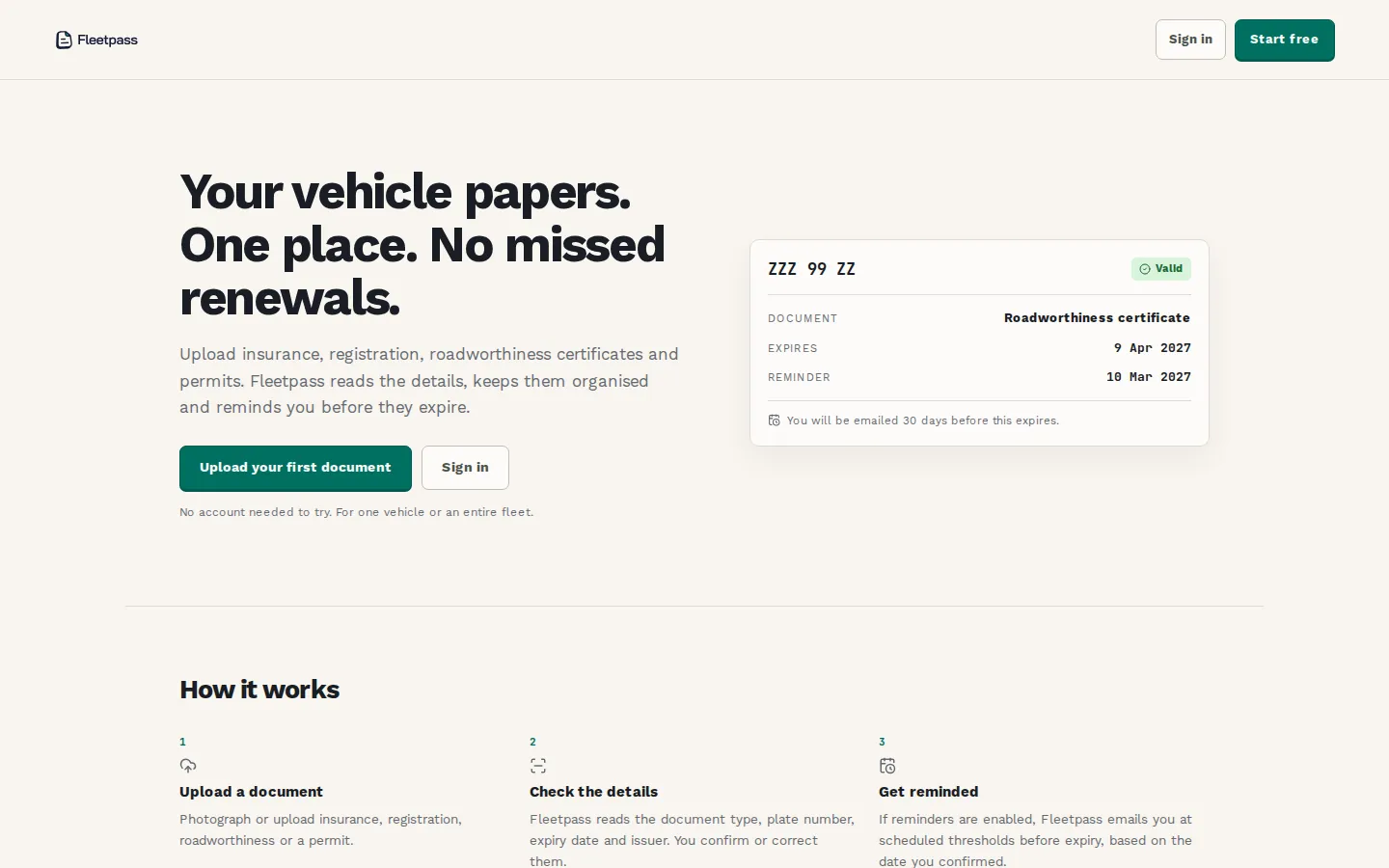The Fleetpass homepage: your vehicle papers, one place, no missed renewals