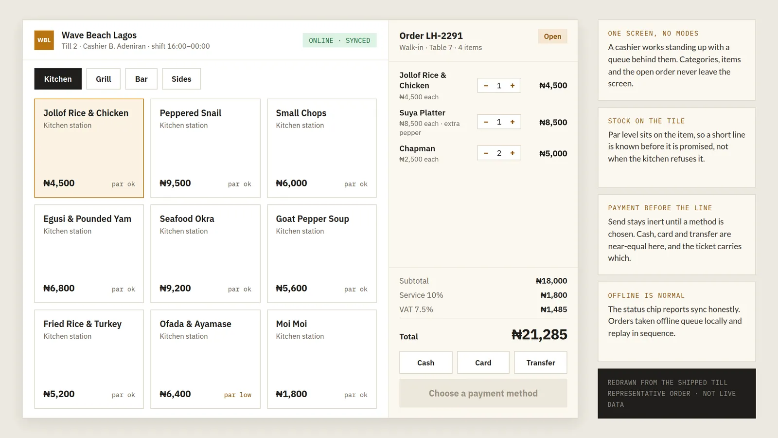 The cashier screen: item tiles with stock levels, an open order, and Send held until a payment method is chosen