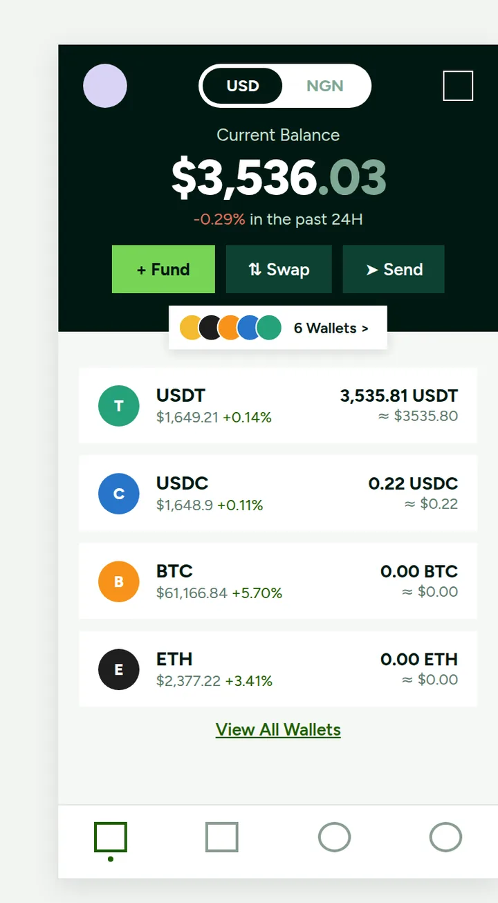 The Mular dashboard: one balance with a USD and NGN toggle and live per-asset rates